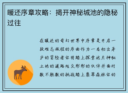 暖还序章攻略:揭开神秘城池的隐秘过往